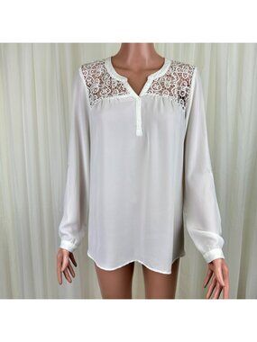 Zac & Rachel Lace Trim Henley Blouse Long Roll Tab Sleeve Top Size Small Cream